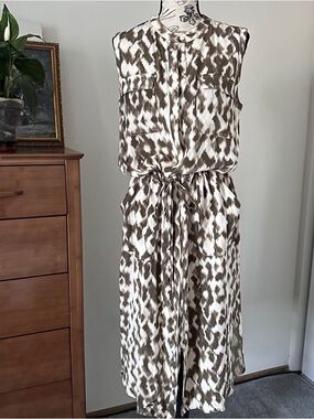 Vince Silk Blend Midi Dress Sleeveless Tie Waist Brown Abstract Print Size M